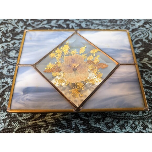 Vintage Stained Glass and Pressed Flower Jewelry Box - Picture 1 of 8